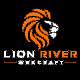 Lion River Webcraft logo featuring an orange stylized lion head with white face profile and text on black background